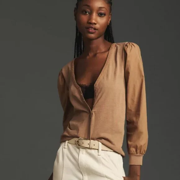 Nation Los Angeles Camel/Tan V-Neck Cotton Henley Top SZ XS - Picture 2 of 7